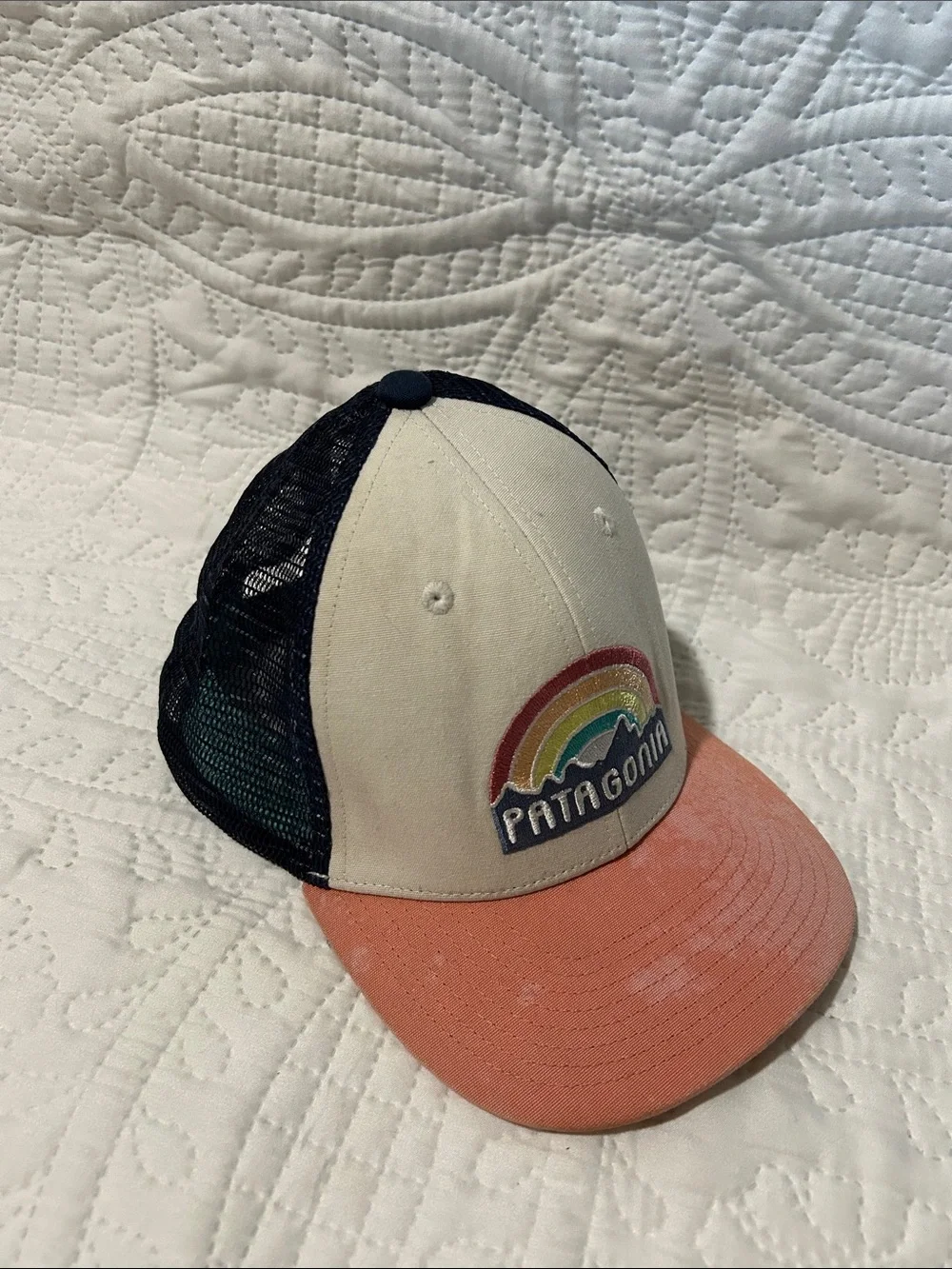 Patagonia Kids Trucker Hat with Rainbow Patch in Cream, Coral & Navy